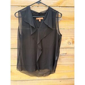 Ellen Tracy Black Sheer Ruffle V-Neck Sleeveless Chiffon Blouse Small RN125598